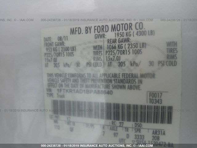 1FTKR1AD1BPA88640 - 2011 FORD RANGER WHITE photo 9