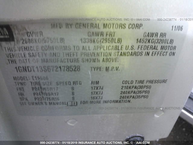 1GNDT13S672178528 - 2007 CHEVROLET TRAILBLAZER LS/LT SILVER photo 9