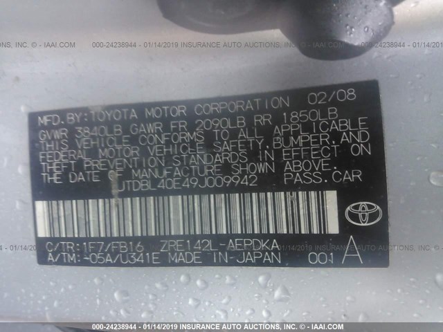 JTDBL40E49J009942 - 2009 TOYOTA COROLLA LE/XLE BLACK photo 9