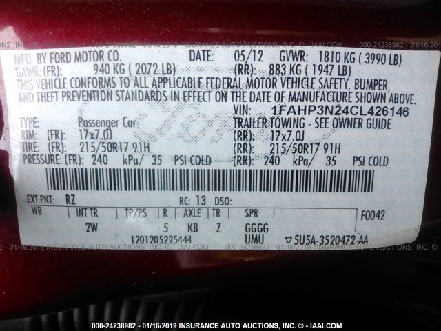 1FAHP3N24CL426146 - 2012 FORD FOCUS TITANIUM RED photo 9