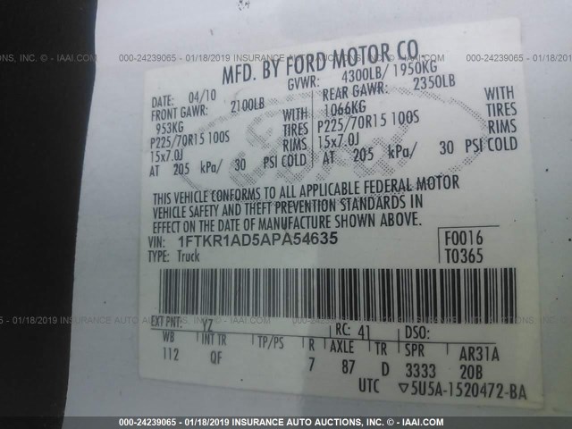 1FTKR1AD5APA54635 - 2010 FORD RANGER WHITE photo 9