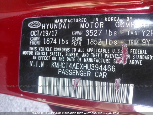 KMHCT4AEXHU394466 - 2017 HYUNDAI ACCENT SE RED photo 9