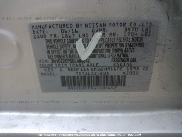 3N1CE2CP5GL404642 - 2016 NISSAN VERSA NOTE S/S PLUS/SV/SL/SR BLACK photo 9