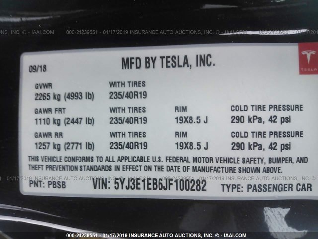 5YJ3E1EB6JF100282 - 2018 TESLA MODEL 3 BLACK photo 9