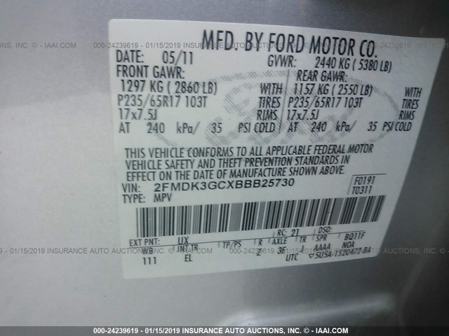 2FMDK3GCXBBB25730 - 2011 FORD EDGE SE SILVER photo 9