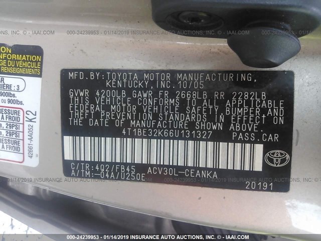 4T1BE32K66U131327 - 2006 TOYOTA CAMRY LE/XLE/SE GOLD photo 9