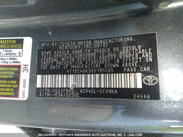 4T1BE46K38U195585 - 2008 TOYOTA CAMRY CE/LE/XLE/SE GRAY photo 9