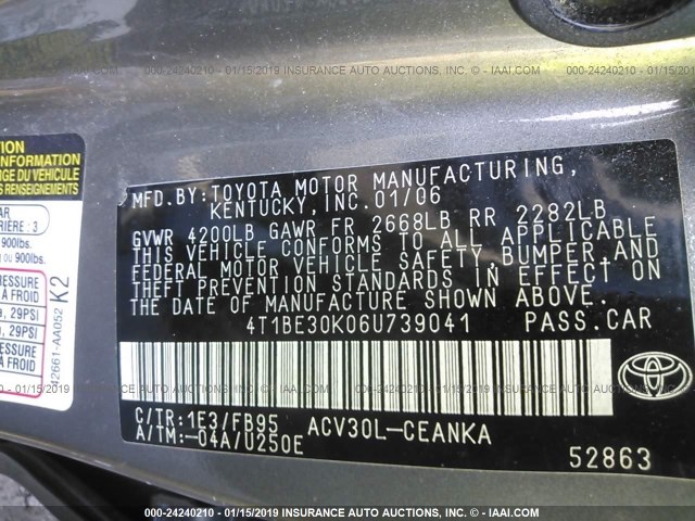 4T1BE30K06U739041 - 2006 TOYOTA CAMRY LE/XLE/SE GRAY photo 9