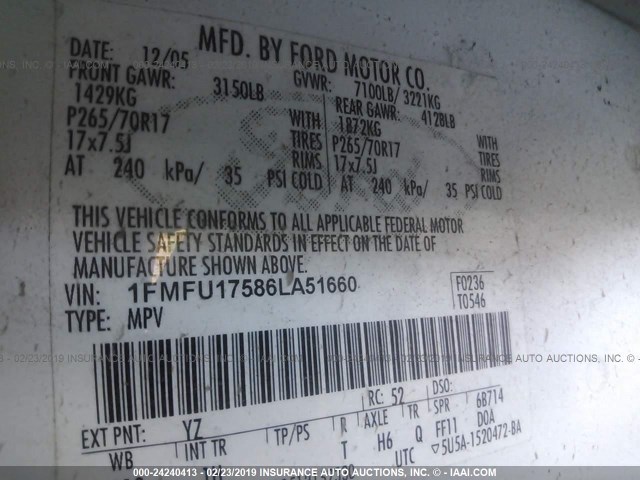 1FMFU17586LA51660 - 2006 FORD EXPEDITION EDDIE BAUER WHITE photo 9