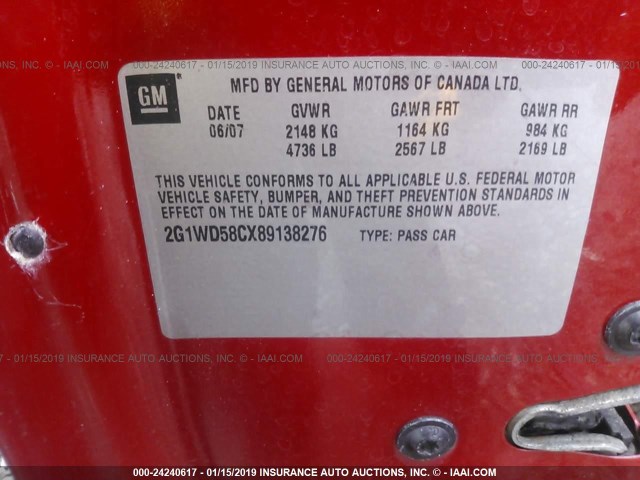 2G1WD58CX89138276 - 2008 CHEVROLET IMPALA SUPER SPORT RED photo 9