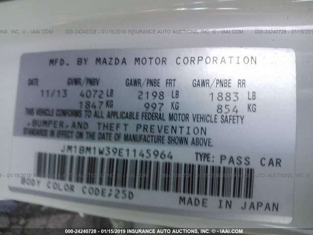 JM1BM1W39E1145964 - 2014 MAZDA 3 GRAND TOURING WHITE photo 9