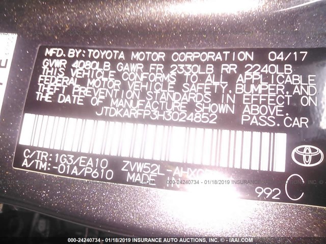 JTDKARFP3H3024852 - 2017 TOYOTA PRIUS PRIME  灰色 照片 9