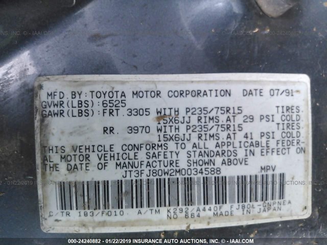 JT3FJ80W2M0034588 - 1991 TOYOTA LAND CRUISER FJ80 GREEN photo 9