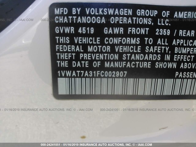 1VWAT7A31FC002907 - 2015 VOLKSWAGEN PASSAT S WHITE photo 9