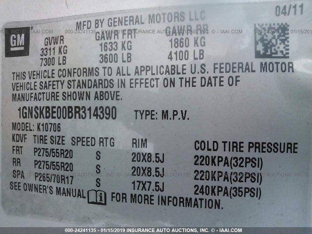 1GNSKBE00BR314390 - 2011 CHEVROLET TAHOE K1500 LT SILVER photo 9