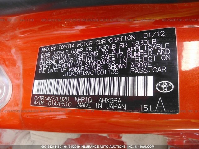 JTDKDTB39C1001135 - 2012 TOYOTA PRIUS C ORANGE photo 9