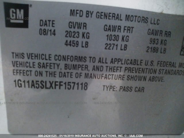 1G11A5SLXFF157118 - 2015 CHEVROLET MALIBU LS WHITE photo 9