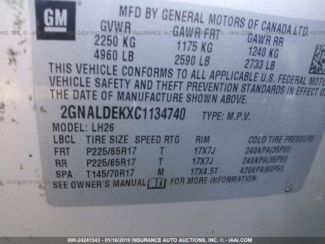 2GNALDEKXC1134740 - 2012 CHEVROLET EQUINOX LT GOLD photo 9