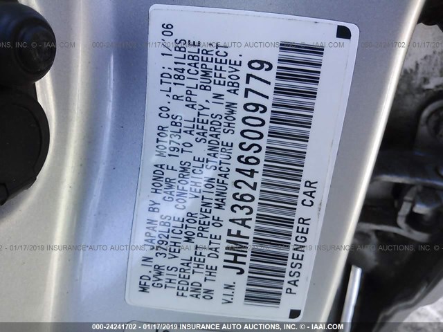 JHMFA36246S009779 - 2006 HONDA CIVIC HYBRID SILVER photo 9