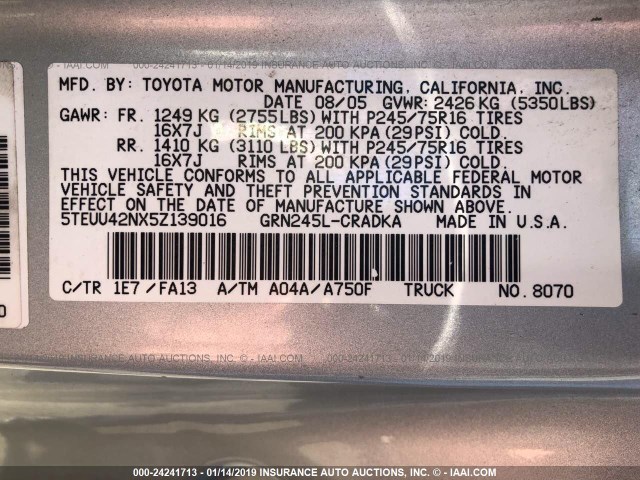 5TEUU42NX5Z139016 - 2005 TOYOTA TACOMA ACCESS CAB ვერცხლისფერი ფოტო 9