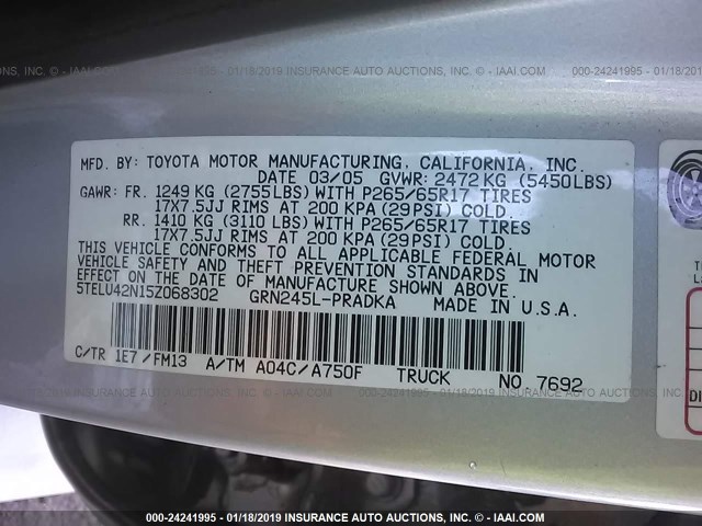 5TELU42N15Z068302 - 2005 TOYOTA TACOMA DOUBLE CAB 银色 照片 9