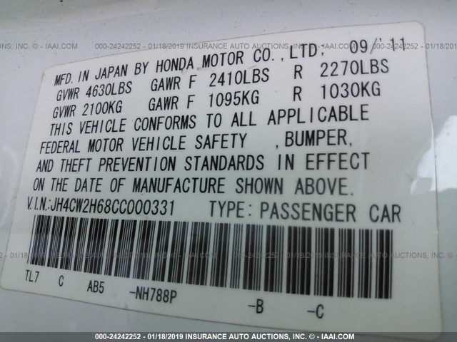 JH4CW2H68CC000331 - 2012 ACURA TSX TECH WHITE photo 9