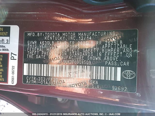 4T1BF1FK3FU908509 - 2015 TOYOTA CAMRY LE/XLE/SE/XSE RED photo 9