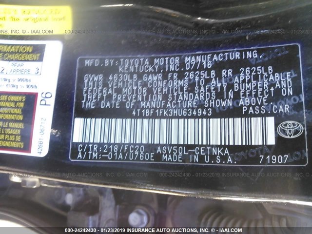 4T1BF1FK3HU634943 - 2017 TOYOTA CAMRY LE/XLE/SE/XSE BLACK photo 9