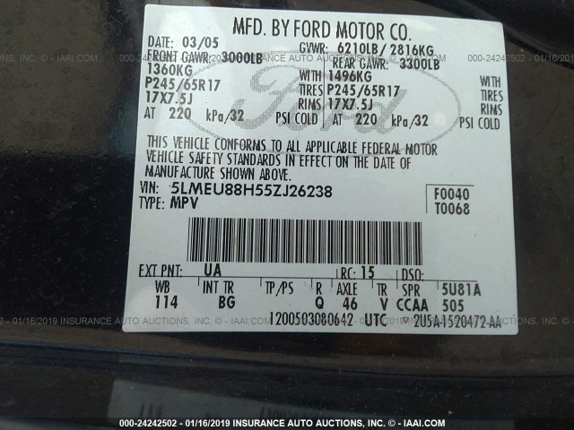 5LMEU88H55ZJ26238 - 2005 LINCOLN AVIATOR BLACK photo 9