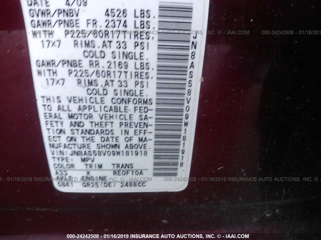 JN8AS58V09W181918 - 2009 NISSAN ROGUE S/SL RED photo 9
