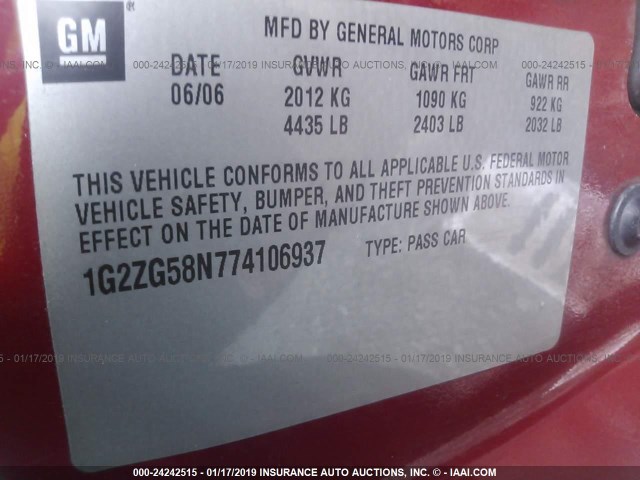 1G2ZG58N774106937 - 2007 PONTIAC G6 SE RED photo 9