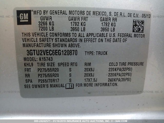 3GTU2VEC6EG120870 - 2014 GMC SIERRA K1500 SLT SILVER photo 9