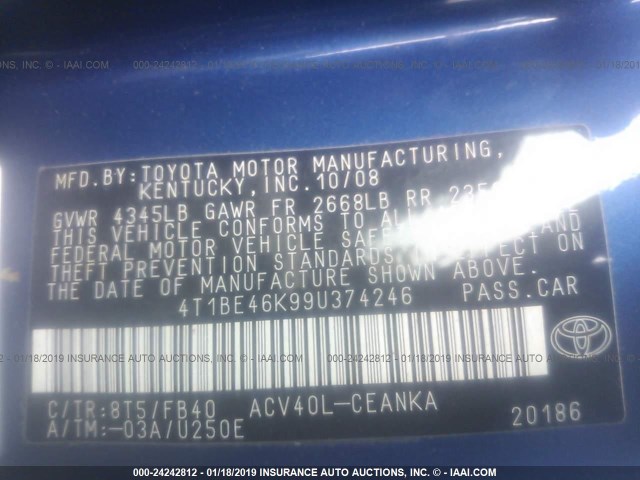 4T1BE46K99U374246 - 2009 TOYOTA CAMRY SE/LE/XLE BLUE photo 9