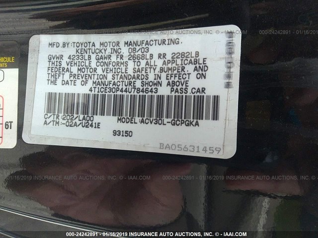 4T1CE30P44U784643 - 2004 TOYOTA CAMRY SOLARA SE/SLE BLACK photo 9