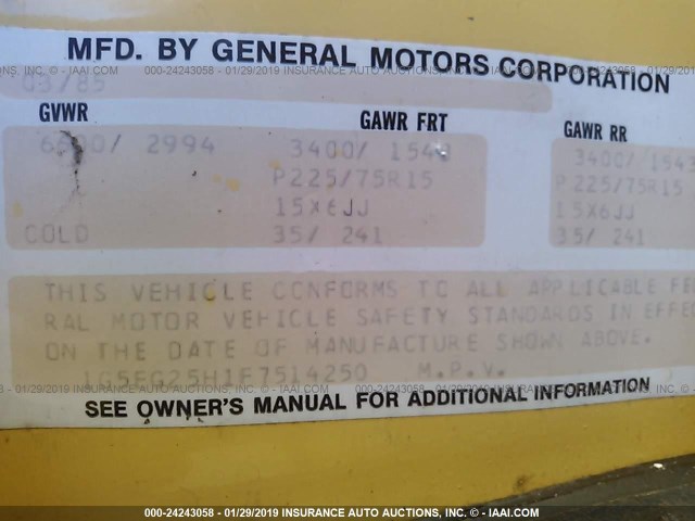 1G5EG25H1F7514250 - 1985 GMC RALLY WAGON G2500 YELLOW photo 9