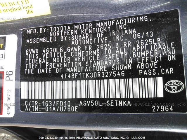 4T4BF1FK3DR327546 - 2013 TOYOTA CAMRY L/SE/LE/XLE 灰色 照片 9