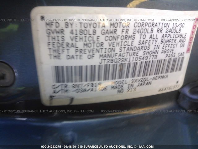 JT2BG22K110549778 - 2001 TOYOTA CAMRY CE/LE/XLE BLUE photo 9