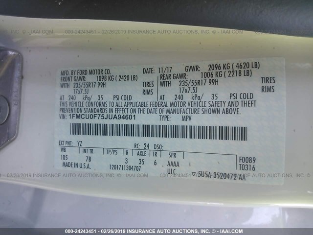 1FMCU0F75JUA94601 - 2018 FORD ESCAPE S WHITE photo 9