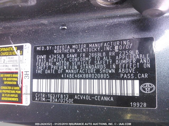 4T4BE46K88R020805 - 2008 TOYOTA CAMRY CE/LE/XLE/SE GRAY photo 9