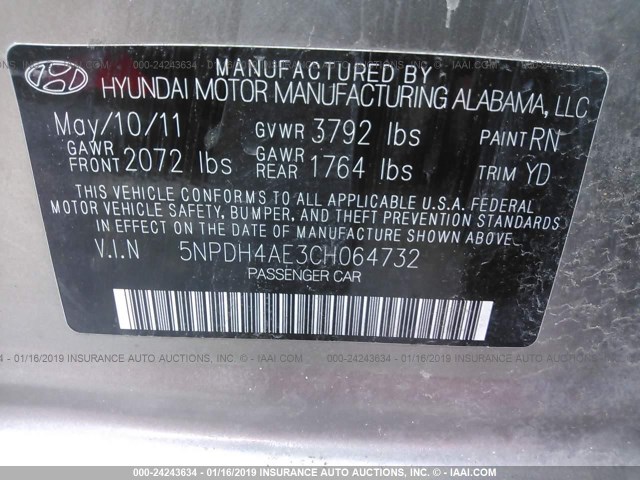 5NPDH4AE3CH064732 - 2012 HYUNDAI ELANTRA GLS/LIMITED GRAY photo 9