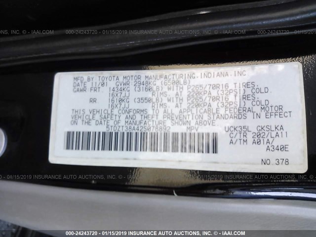 5TDZT38A42S078892 - 2002 TOYOTA SEQUOIA LIMITED BLACK photo 9