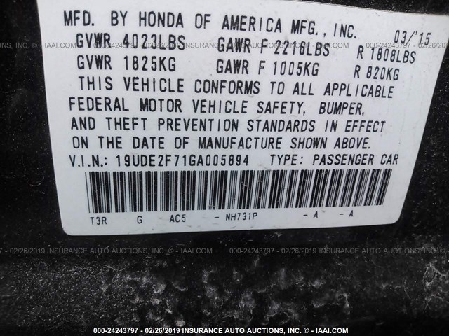 19UDE2F71GA005894 - 2016 ACURA ILX PREMIUM/TECH BLACK photo 9