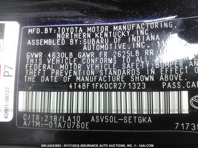 4T4BF1FK0CR271323 - 2012 TOYOTA CAMRY SE/LE/XLE BLACK photo 9