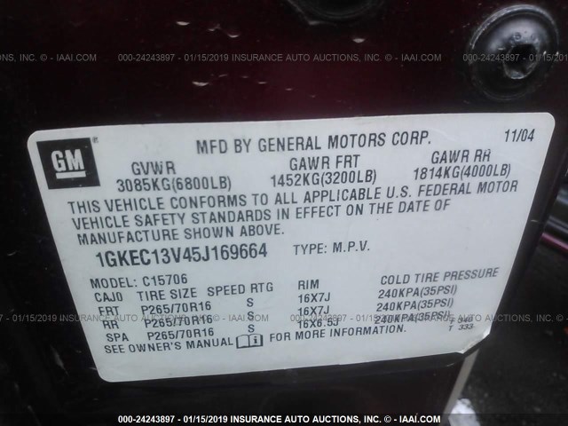 1GKEC13V45J169664 - 2005 GMC YUKON BURGUNDY photo 9