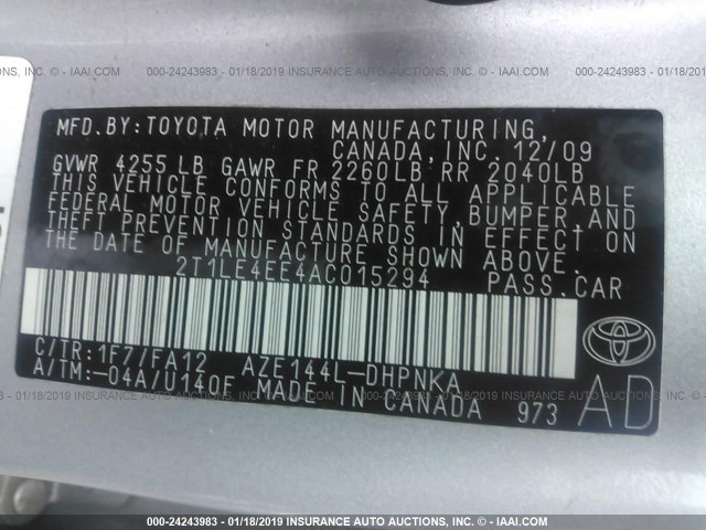 2T1LE4EE4AC015294 - 2010 TOYOTA COROLLA MATRIX S SILVER photo 9