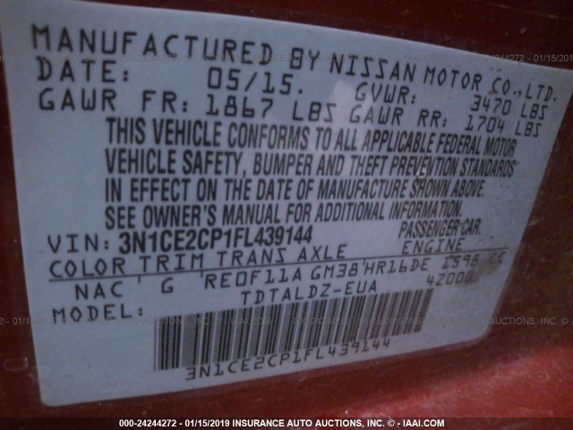3N1CE2CP1FL439144 - 2015 NISSAN VERSA NOTE S/S PLUS/SV/SL/SR MAROON photo 9