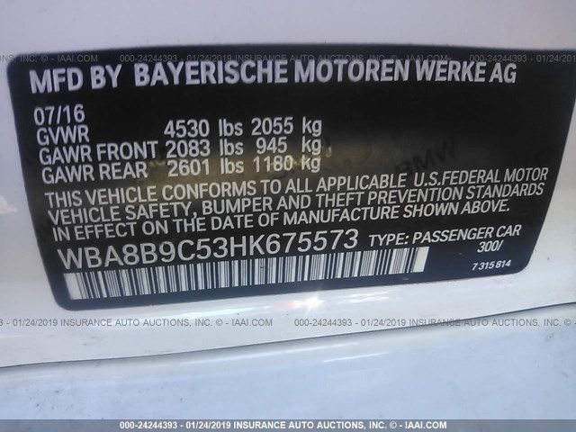 WBA8B9C53HK675573 - 2017 BMW 330 I WHITE photo 9