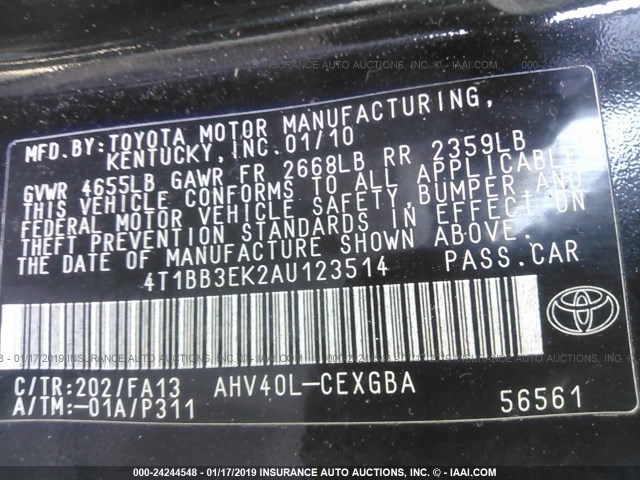 4T1BB3EK2AU123514 - 2010 TOYOTA CAMRY HYBRID BLACK photo 9