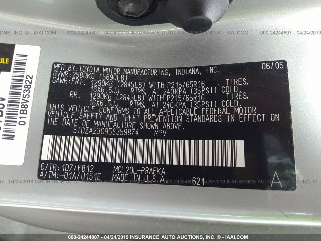 5TDZA23C95S359874 - 2005 TOYOTA SIENNA CE/LE SILVER photo 9