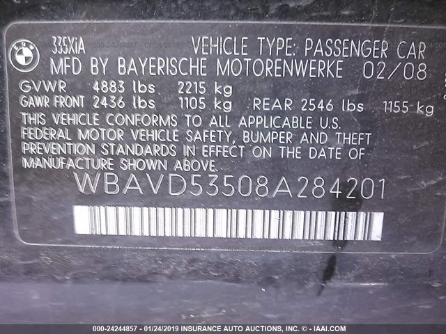 WBAVD53508A284201 - 2008 BMW 335 XI BLACK photo 9